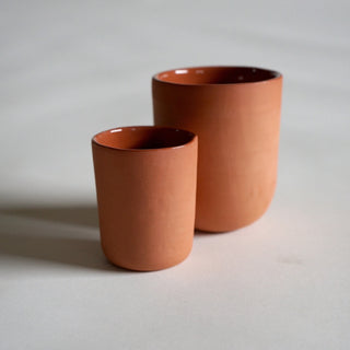 4" terracotta cup standing with a 3" terracotta cup