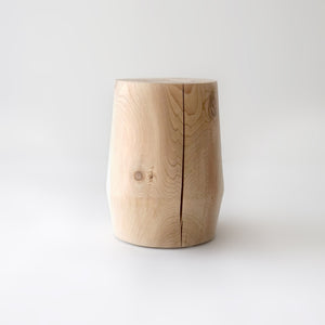 Solid hemlock smokestack stool with a crack